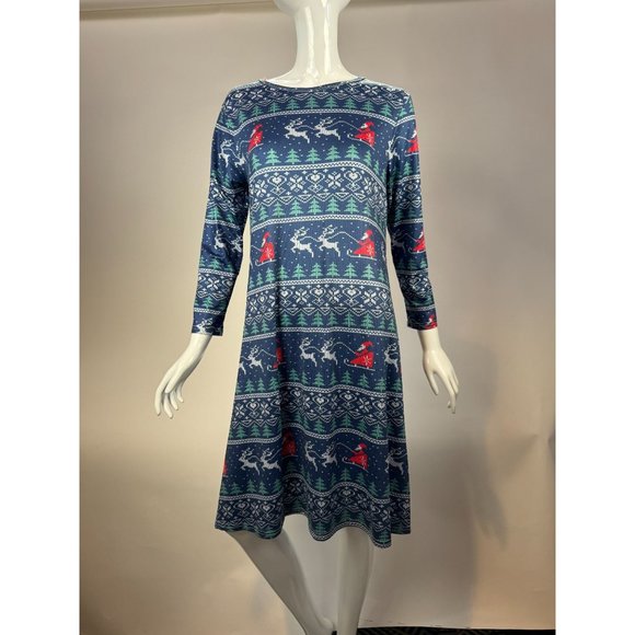 Santa Sleigh Christmas Long Sleeve Dress Size XXL Blue Cotton Blend - Picture 11 of 16
